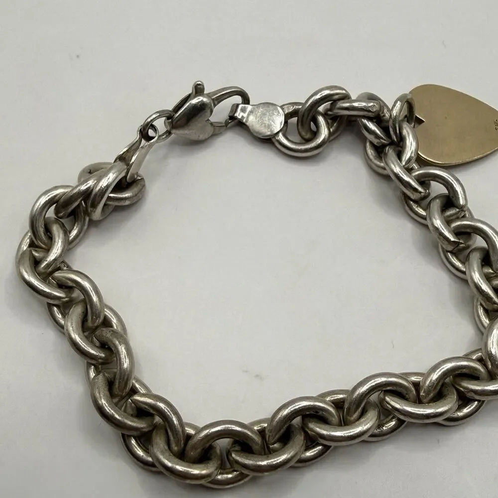 Vintage Judith Jack 14k Gold Heart Tag 925 Silver Rolo Link Chain Charm Bracelet